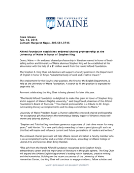 Alfond Foundation Establishes Endowed Chaired Professorship at the University of Maine in Honor of Stephen King