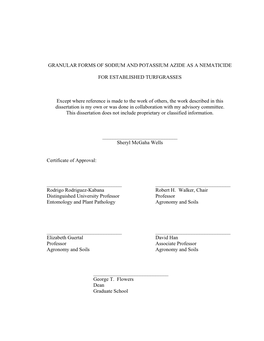 GRANULAR FORMS of SODIUM and POTASSIUM AZIDE AS a NEMATICIDE for ESTABLISHED TURFGRASSES Except Where Reference Is Made to the W
