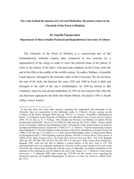The Wake Behind the Mission of Cyril and Methodios: Byzantine Echoes in the Chronicle of the Priest of Diokleia