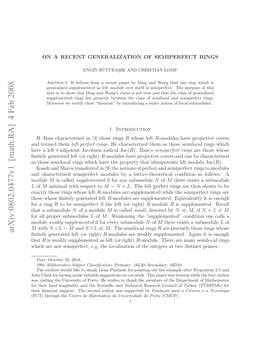 ON a RECENT GENERALIZATION of SEMIPERFECT RINGS 3 Is a Semilocal Noetherian Ring Which Is Not Semiperfect and Hence Gives Such Example