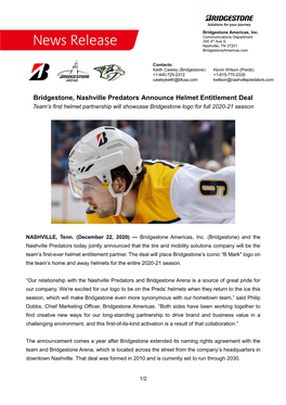 122220 Bridgestone, Nashville Predators Announce Helmet