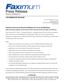 Press Release Faximum Software Inc