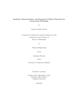 Synthesis, Characterization, and Integration of Silicon Nanowires for Nanosystems Technology