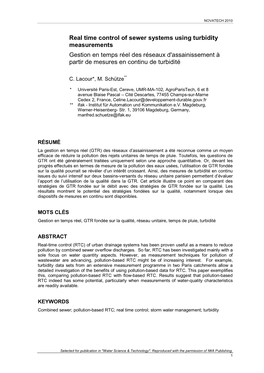 Real Time Control of Sewer Systems Using Turbidity Measurements Gestion En Temps Réel Des Réseaux D'assainissement À Partir De Mesures En Continu De Turbidité