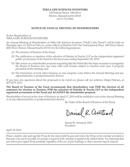 TEKLA LIFE SCIENCES INVESTORS 100 Federal Street, 19Th Floor Boston, Massachusetts 02110 (617) 772-8500