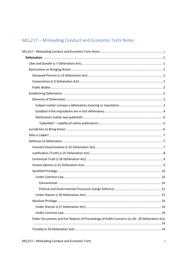 MLL217 – Misleading Conduct and Economic Torts Notes