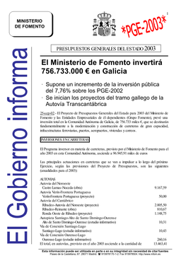 El Ministerio De Fomento Invertirá 756.733.000 € En Galicia