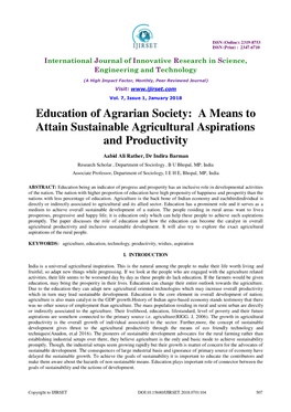 Education of Agrarian Society: a Means to Attain Sustainable Agricultural Aspirations and Productivity