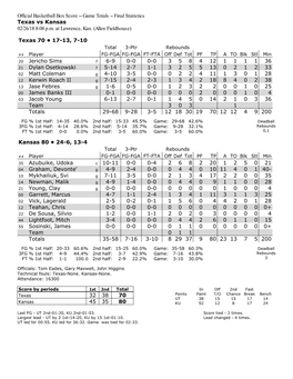 Official Basketball Box Score -- Game Totals -- Final Statistics Texas Vs Kansas 02/26/18 8:08 P.M