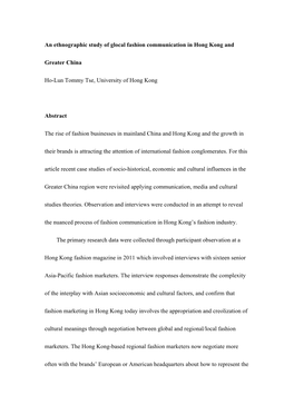 An Ethnographic Study of Glocal Fashion Communication in Hong Kong And