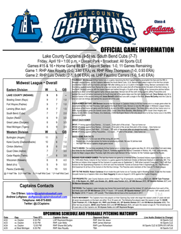 OFFICIAL GAME INFORMATION Lake County Captains (9-5) Vs