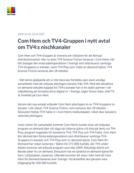 Com Hem Och TV4-Gruppen I Nytt Avtal Om TV4:S Nischkanaler