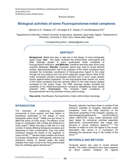 Biological Activities of Some Fluoroquinolones-Metal Complexes