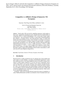 Competitive Vs Affiliative Design of Immersive VR Exergames