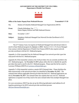 GOVERNMENT of the DISTRICT of COLUMBIA Department of Health Care Finance -*** Office of the Senior Deputy/State Medicaid Director Transmittal# 17-28