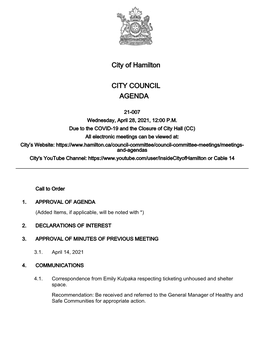 City of Hamilton Agenda Package