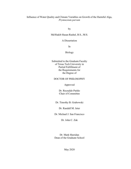 Influence of Water Quality and Climate Variables on Growth of the Harmful Alga, Prymnesium Parvum by Md Rakib Hasan Rashel, B.S