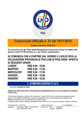 Comunicato Ufficiale N. 21 Del 14/11/2018