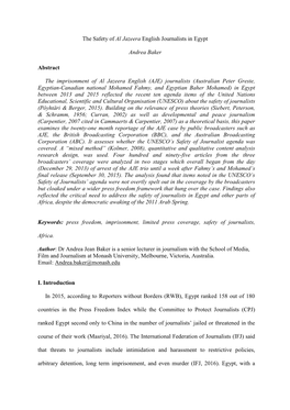 The Safety of Al Jazeera English Journalists in Egypt Andrea Baker Abstract the Imprisonment of Al Jazeera English (AJE) Journal