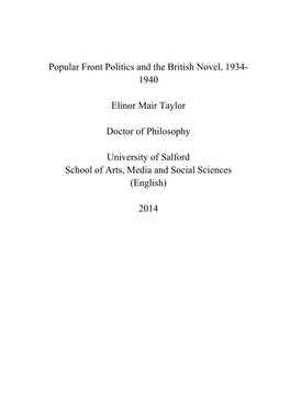 Popular Front Politics and the British Novel, 1934- 1940