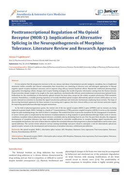 Posttranscriptional Regulation of Mu Opioid Receptor (MOR-1): Implications of Alternative Splicing in the Neuropathogenesis of Morphine Tolerance