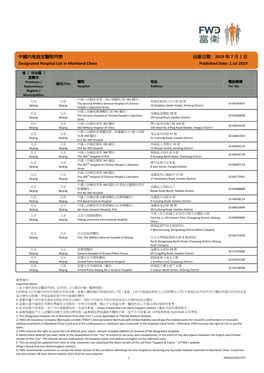 中國內地指定醫院列表 出版日期: 2019 年 7 月 1 日 Designated Hospital List in Mainland China Published Date: 1 Jul 2019