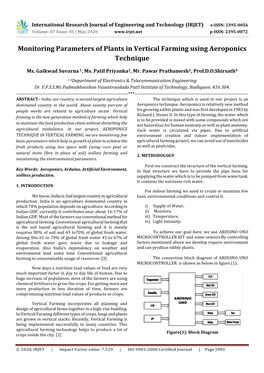 Monitoring Parameters of Plants in Vertical Farming Using Aeroponics Technique