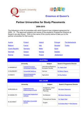 Erasmus at Queen's Partner Universities for Study Placements