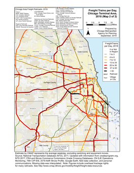 Freight Trains Per Day, Chicago Terminal Area, 2018 (Map 2 of 2)