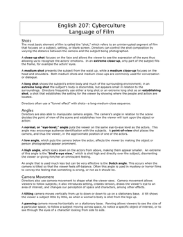 English 207: Cyberculture Language of Film