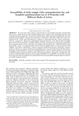 Susceptibility of Aedes Aegypti, Culex Quinquefasciatus Say, and Anopheles Quadrimaculatus Say to 19 Pesticides with Different Modes of Action