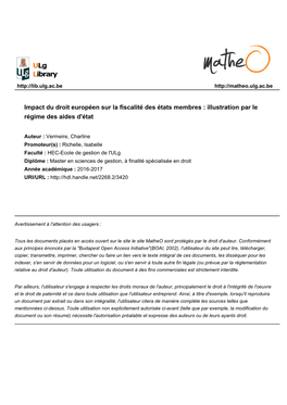 Impact Du Droit Européen Sur La Fiscalité Des États Membres : Illustration Par Le Régime Des Aides D'état