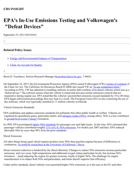 EPA's In-Use Emissions Testing and Volkswagen's 