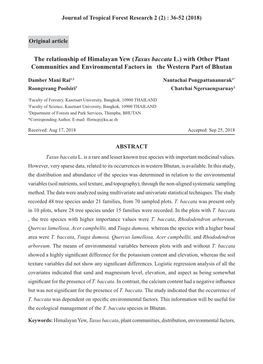 The Relationship of Himalayan Yew (Taxus Baccata L.) with Other Plant Communities and Environmental Factors in the Western Part of Bhutan