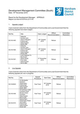 Development Management Committee (South) Date: 15Th November 2016