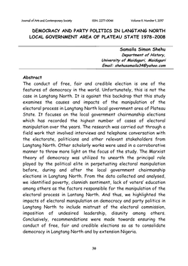 Democracy and Party Politics in Langtang North Local Government Area of Plateau State 1978-2008