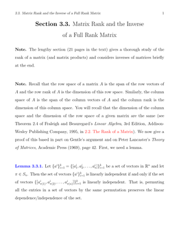 Section 3.3. Matrix Rank and the Inverse of a Full Rank Matrix