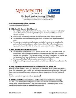 City Council Meeting Summary 09.16.2019 Next City Council Meeting – September 30Th, 2019 at 6:00 PM Official Minutes Available At