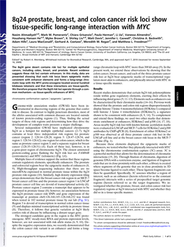 8Q24 Prostate, Breast, and Colon Cancer Risk Loci Show Tissue-Specific