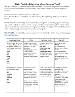 Bixby First Grade Learning Menu