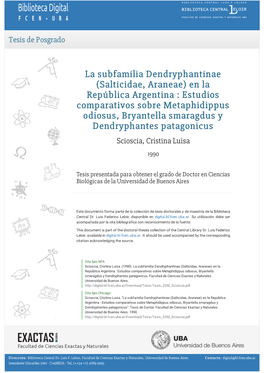 La Subfamilia Dendryphantinae (Salticidae, Araneae) En La República Argentina : Estudios Comparativos Sobre Metaphidippus Odios