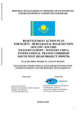 Republic of Kazakhstan Ministry of Investments and Development Committee for Roads Resettlement Action Plan for Kurty