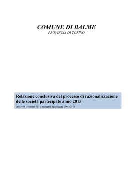 COMUNE DI BALME PROVINCIA DI TORINO Relazione Conclusiva Del