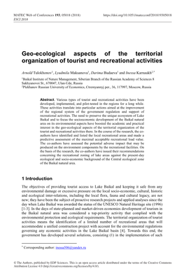 Geo-Ecological Aspects of the Territorial Organization of Tourist and Recreational Activities
