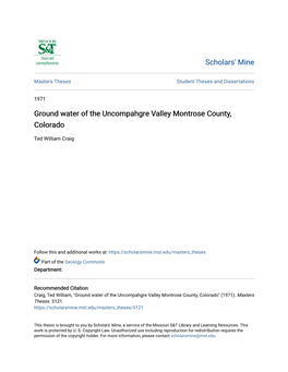 Ground Water of the Uncompahgre Valley Montrose County, Colorado