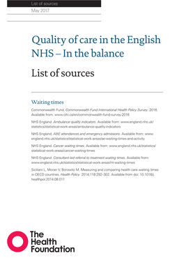 Quality of Care in the English NHS – in the Balance List of Sources