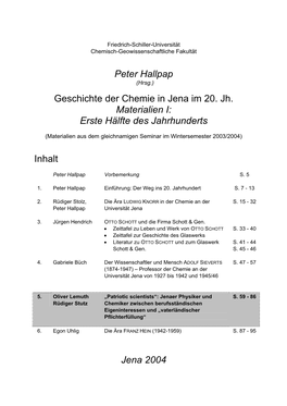 Peter Hallpap Geschichte Der Chemie in Jena Im 20. Jh. Materialien I