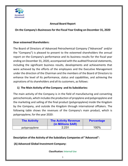 Annual Board Report on the Company's Businesses For