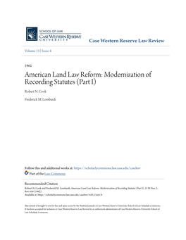 American Land Law Reform: Modernization of Recording Statutes (Part I) Robert N