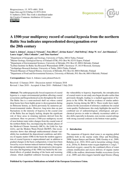 A 1500-Year Multiproxy Record of Coastal Hypoxia from the Northern Baltic Sea Indicates Unprecedented Deoxygenation Over the 20Th Century